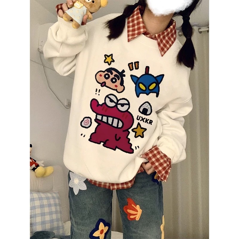 พร้อมส่ง M-8XL เสื้อกันหนาวแขนยาวลําลอง คอกลม ผ้าฝ้าย และผ้ากํามะหยี่ แบบหนา พิมพ์ลายการ์ตูนชินจัง แฟชั่นฤดูใบไม้ร่วง สไตล์อเมริกัน สําหรับผู้ชาย