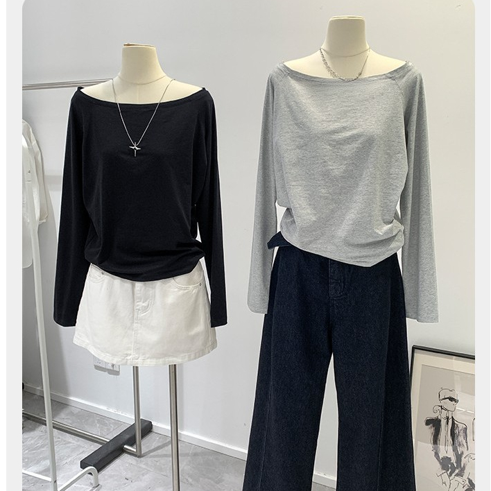 81385 แบนคอที่ไม่มีสายหนังหลวมแขนยาวเสื้อยืด