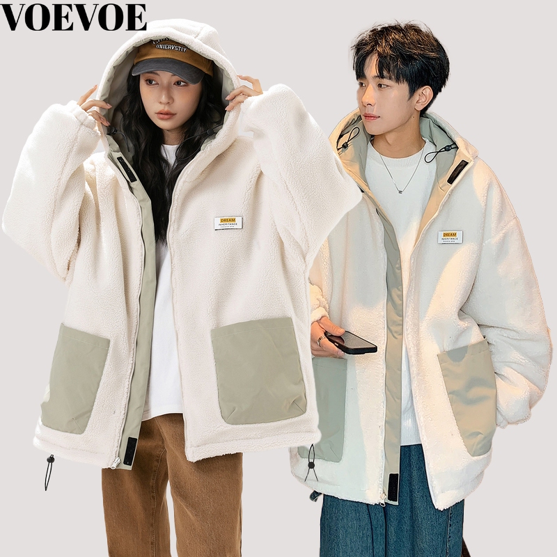 VOEVOE เสื้อแจ็คเก็ตฤดูหนาวคู่รักเสื้อแจ็คเก็ตมีฮู้ดแฟชั่นและอบอุ่น/สวมใส่สองด้าน