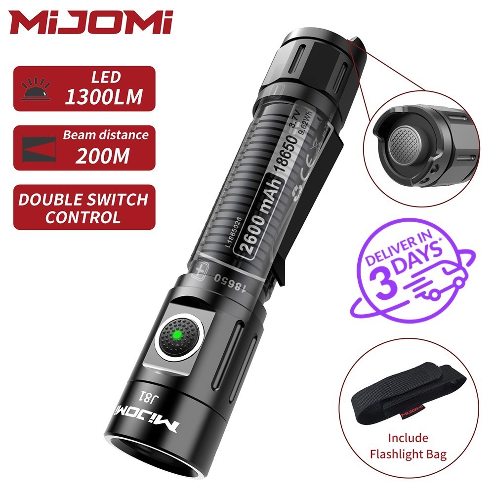 Mijomi ไฟฉาย J81 1300 Lumens ความสว่างสูง ไฟฉาย Type-C แบบชาร์จไฟ LED ไฟฉาย IPX8 กันน้ํา Christmas g