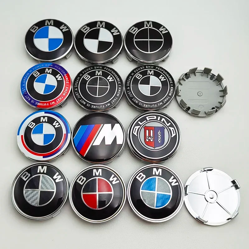 4pcs 68mm ครบรอบสีดําสีฟ้า BMW Hubcaps ขอบฝาครอบล้อรถกลางหมวกสําหรับ BMW 3 5 Series E39 E46 E90 X3 X