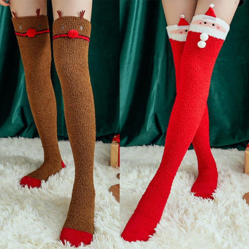 Alia ผู้หญิงคริสต์มาสปะการังกํามะหยี่ต้นขาถุงน่องน่ารัก Santa Claus Elk รูปแบบ Fuzzy Fluffy Plush Sleep Over เข่าถุงเท้า