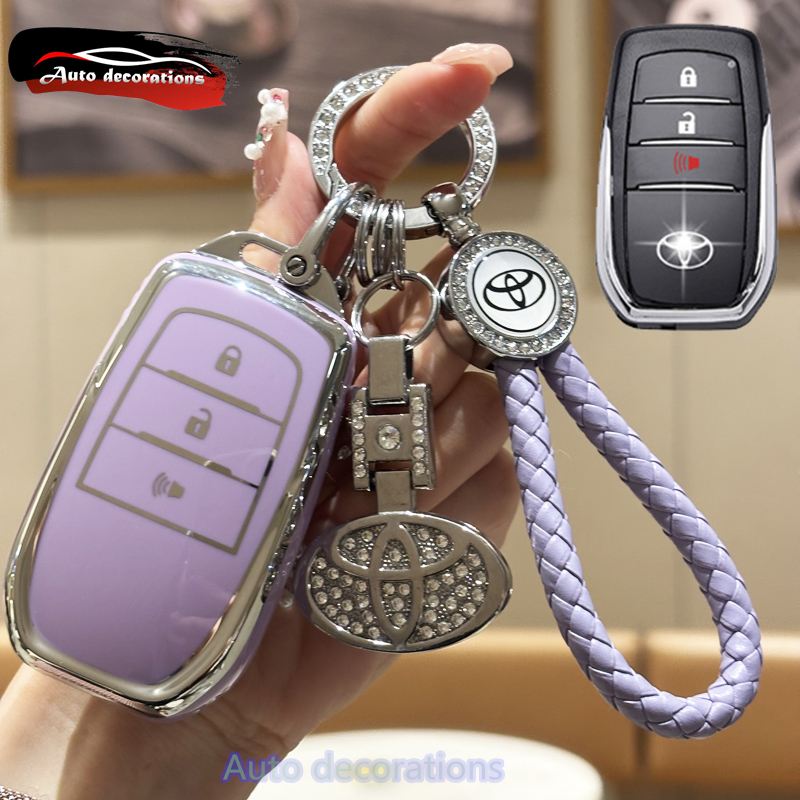 ฝาครอบกุญแจอัจฉริยะ Toyota สําหรับ Toyota FORTUNER 2022 INNOVA Harrier Revo เคสกุญแจรถพวงกุญแจขอบเงิน