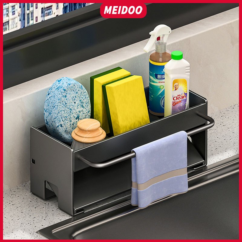 MEIDOOชั้นวางท่อระบายน้ำบนเคาน์เตอร์ครัวแบบไม่ต้องเจาะถือผ้าเช็ดจานและฟองน้ำ ความจุขนาดใหญ่
