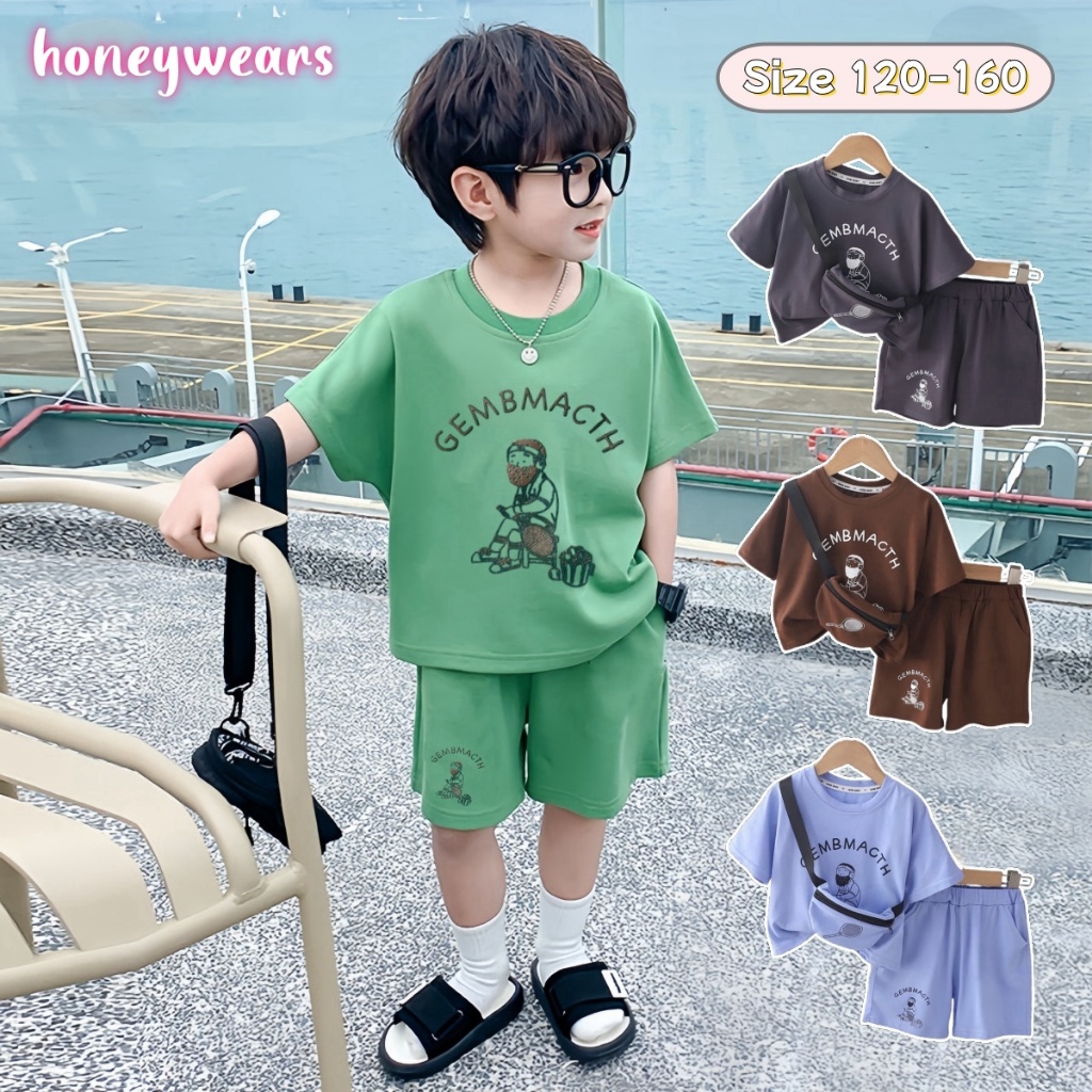 honeywears พร้อมส่ง ชุดเช็ตเด็กชายหล่อๆ เสื้อยืดลำลองกางเกงเอวยางยืดขาสั้น แบบสไตล์เกาหลี แฟชั่น หลายสี ไซส์ 120-160
