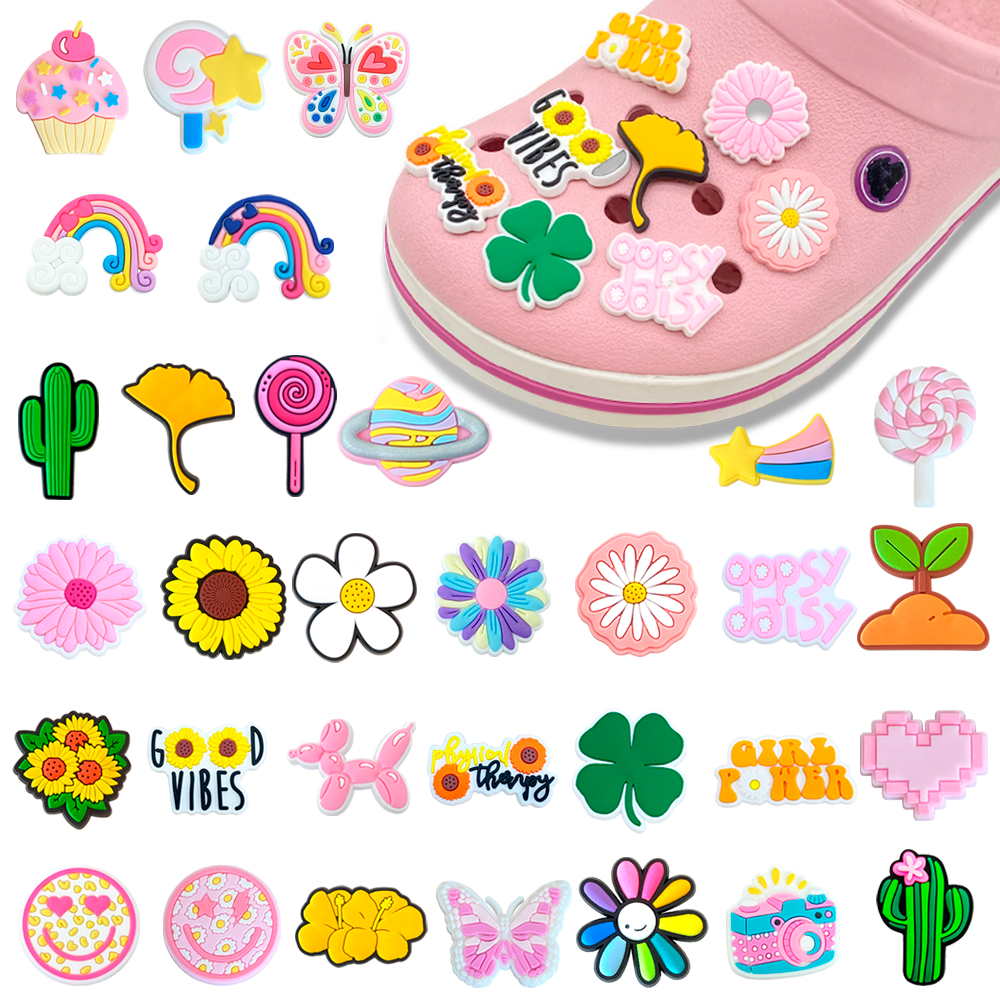 32 ชิ้นรูปแบบยอดนิยมรองเท้า Charms DIY อุปกรณ์เสริมสําหรับ PVC ตกแต่ง Fit to Bubble Slides รองเท้าแตะ