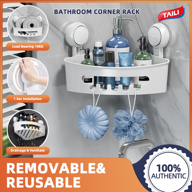 TAILI สามเหลี่ยมห้องอาบน้ําฝักบัวแคดดี้ถ้วยดูดมุมชั้นวางอาบน้ําห้องน้ําห้องครัวจัดเก็บตะกร้าติดผนัง