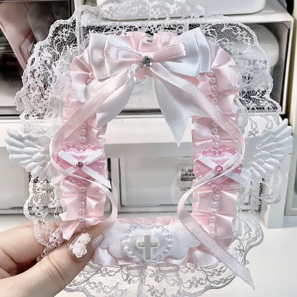 ปกการ์ดลูกไม้มุกสีชมพูริบบิ้นหูแมวปีกนางฟ้าต้นฉบับ DIY ทำด้วยมือปกการ์ดสำเร็จรูป