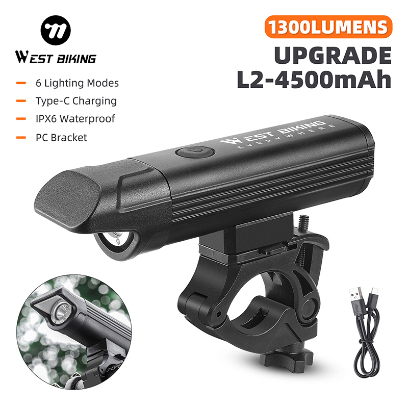 WEST BIKING จักรยาน ป้องกันแสงสะท้อน ไฟหน้าจักรยาน 1300 Lumens IPX6 กันน้ําชาร์จจักรยานด้านหน้า MTB LED รอบแสง