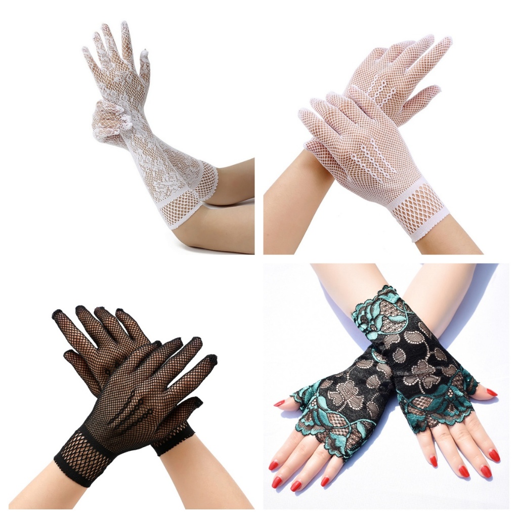 KTH เซ็กซี่ยาวลูกไม้ถุงมือตาข่ายดอกไม้ Gothic Punk Mittens ไนลอนยืดหยุ่นคริสต์มาสฮาโลวีนถุงมือยืดชุดแฟนซีตกแต่งร้อน