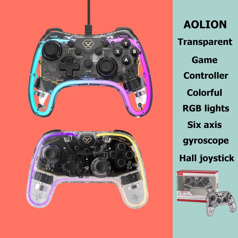 Aolion ไร้สายโปร่งใส Gamepad Hall Effect RGB PC บลูทูธ Steam Android IOS เกมมือถือ Controller gamer 
