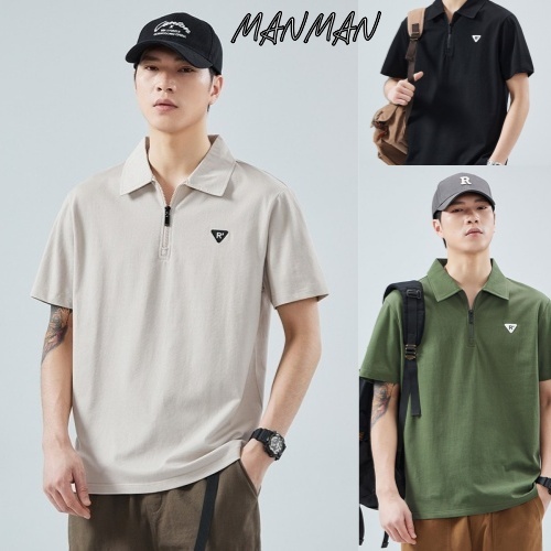 MANMAN เสื้อเชิ้ตสีทึบผู้ชายแฟชั่นเสื้อโปโลปกซิปคอแขนสั้น