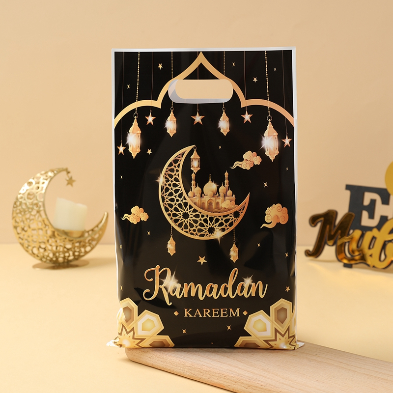 New10/25/50PCS Ramadan Kareem Candy กระเป๋าสีดําทองปราสาท Moon Clouds Design Loot กระเป๋าสําหรับ Eid Mubarak Party ตกแต่ง