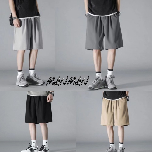 MANMAN สีทึบสำหรับผู้ชาย กีฬาสันทนาการ กางเกงขาสั้นขากว้างตรง