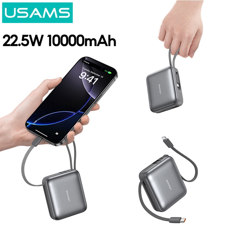 Usams Power Bank 10000mAh 22.5W Fast Charging ในตัว Dual-สายดิจิตอลจอแสดงผล Mini Protable Powerbank สําหรับโทรศัพท์