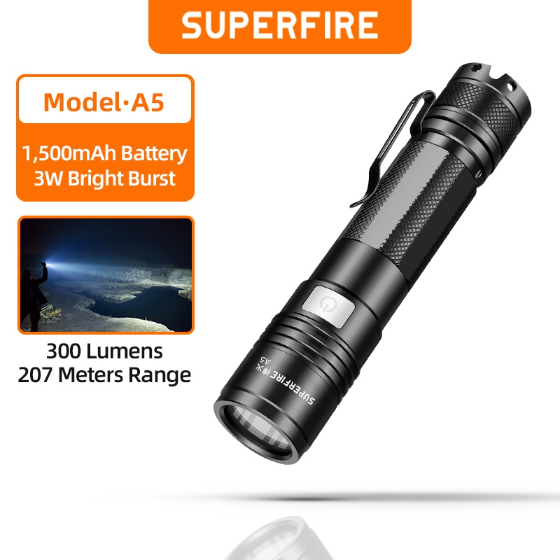 Superfire A5 3W LED อลูมิเนียมซูมไฟฉายแบบชาร์จไฟได้ไฟฉาย Super Bright ไฟฉายกลางแจ้งไฟฉาย Strong Bright Long-range Llight