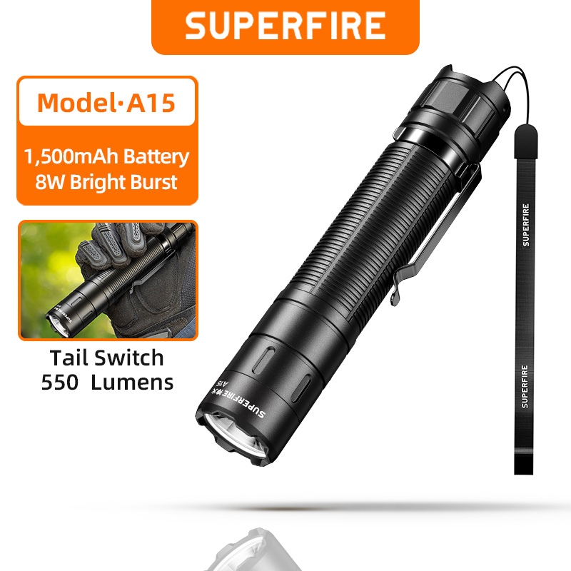 Superfire A15 8W ไฟฉาย LED ที่มีประสิทธิภาพ Mini EDC ไฟฉาย USB-C ชาร์จ 18650 โคมไฟสําหรับ Camping ไฟฉุกเฉินกลางแจ้ง