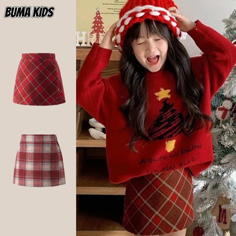 Buma KIDS กระโปรงทําด้วยผ้าขนสัตว์แฟชั่นสําหรับเด็กกระโปรงลายสก๊อตน่ารักสําหรับเด็ก