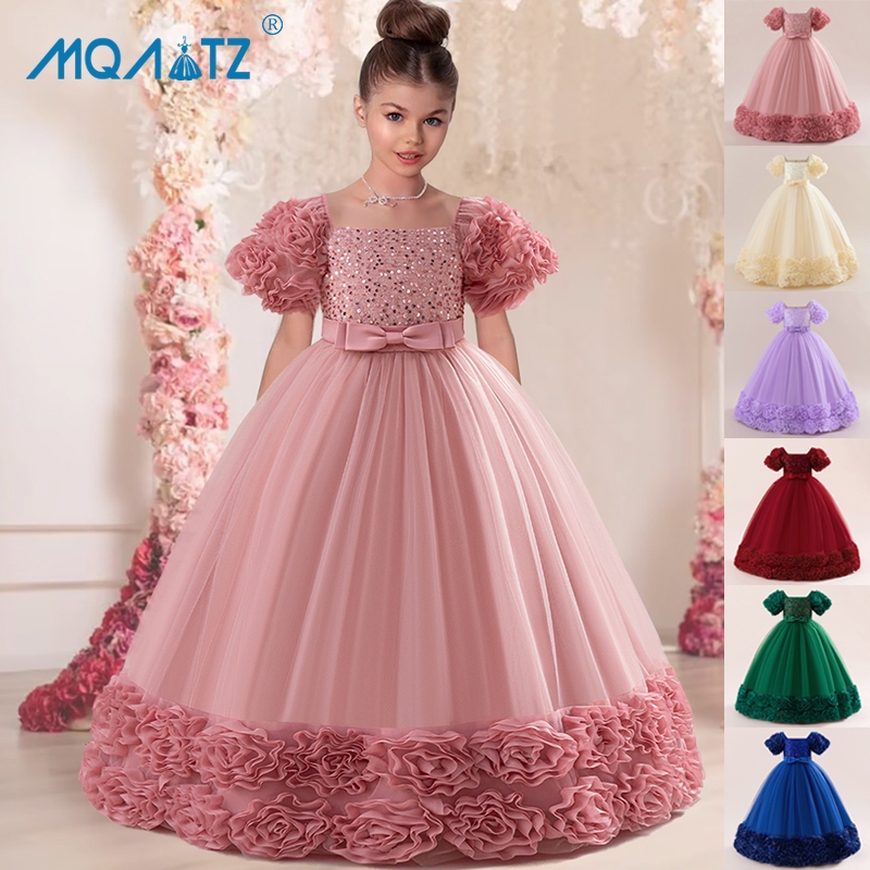 Mqatz วัยรุ่นชุดราตรียาวสาวเลื่อมชุดเจ้าหญิงชุดพรรคสาวชุดดอกไม้ที่สง่างามงานแต่งงานเครื่องแต่งกาย5-14ปี ห้างหุ้นส่วนจํากัด LP-519
