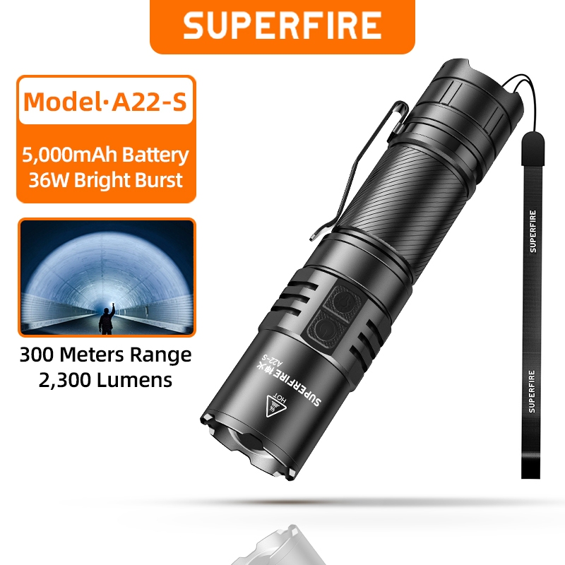SUPERFIRE A22-S ไฟฉาย LED 36W EDC แบบพกพา ซูมได้ มีประสิทธิภาพสูง ชาร์จไฟได้ อเนกประสงค์
