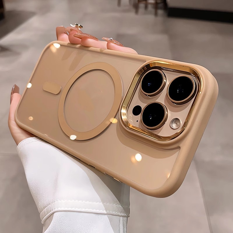 หรูหราทะเลทรายไทเทเนียมเลนส์โลหะป้องกันโปร่งใสแม่เหล็กเคสโทรศัพท์สําหรับ ไอโฟน 16 15 14 13 12 มือโปร สูงสุด บวก เคสแข็งซิลิโคนใสกันกระแทกป้องกันปกหลัง