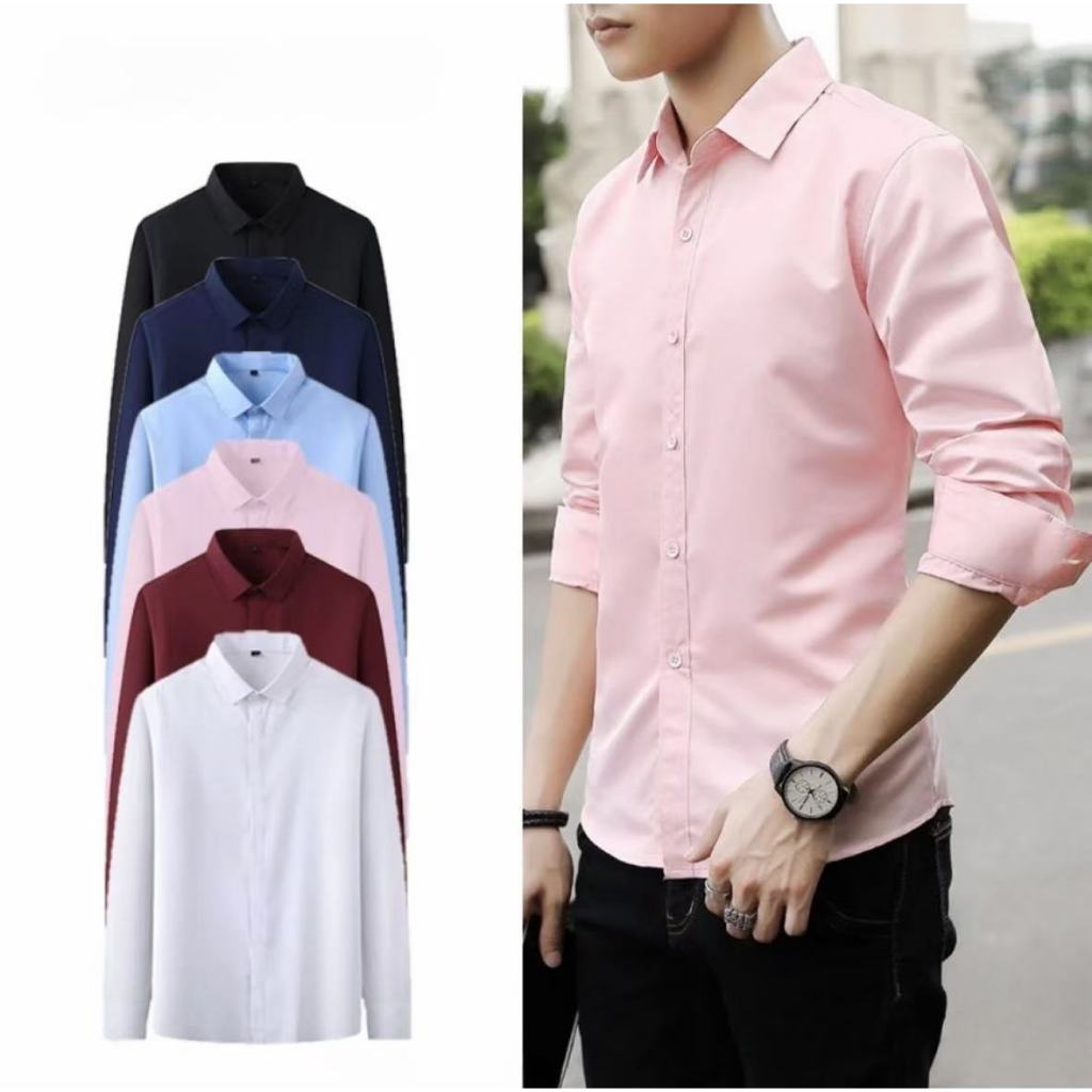 🚩Sale80%🚩เสื้อเชิ้ตชายสุภาพแขนยาว ผ้านิ่มลื่น แถบกระดุม สีพื้น 6 สี