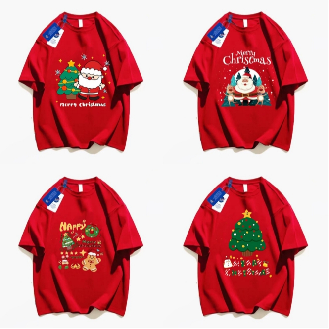 ฤดูใบไม้ร่วงฤดูหนาวสีแดงสีเขียว Santa Elk ออกแบบผู้ชายผู้หญิงเสื้อยืดแขนสั้นหลวม
