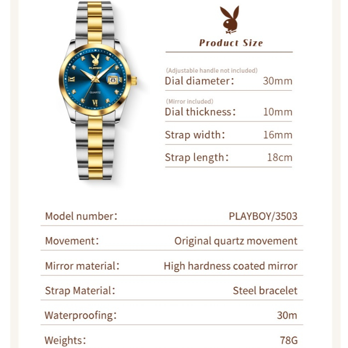 PLAYBOY นาฬกาข้อมือผู้หญิง กันนํา100% สายสเตนเลส นา ฬิกาผู้หญิง'สีขาว สีศา ทอง'เงิน แฟชั่น 3503