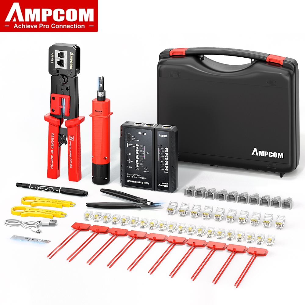 AMPCOM เครื่องมือรีมเพอร์ RJ45 แบบผ่านท่อ, ชุดเครื่องมือทดสอบ Lan, เครื่องมือตัดสายสายเคเบิลอีเธอร์เน็ต Punch Down Tool ตัวต่อ RJ 45 RJ11 Connectors เครื่องตัดสาย