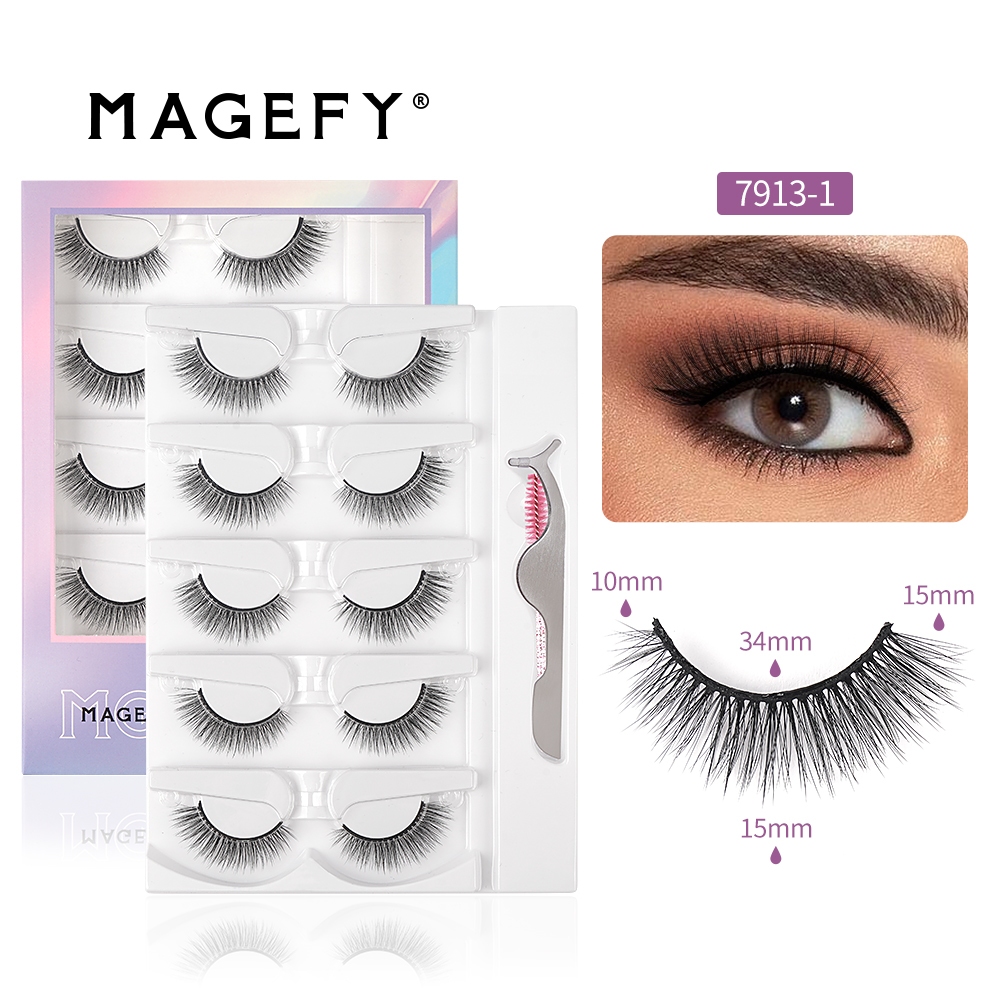MAGEFY ขนตาปลอมแบบมีกาวในตัว 5 คู่พร้อมชุดเครื่องมือ ขนตาปลอมแบบใช้ซ้ําได้ตามธรรมชาติ 3 มิติสําหรับทุกวัน