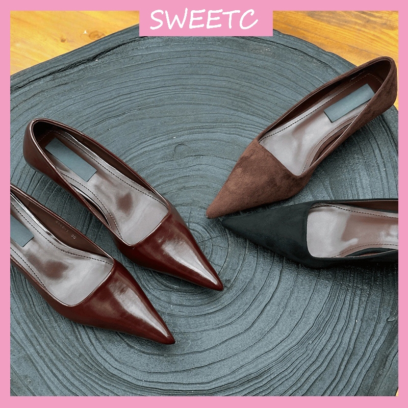 รองเท้าสําหรับผู้หญิงฝรั่งเศสย้อนยุคชี้นิ้วเท้าหนังนิ่มปั๊มรองเท้าส้นสูงต่ํา