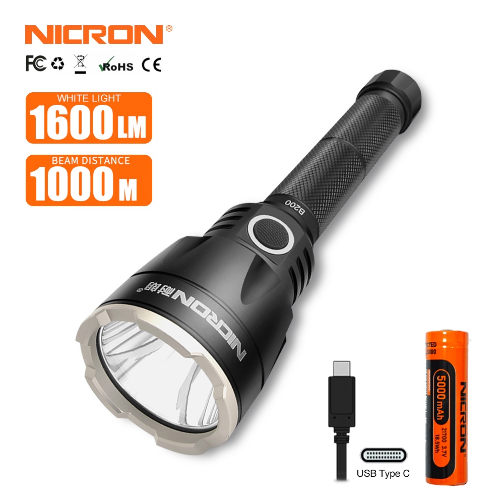 Nicron ไฟฉาย LED B200 ความสว่างสูง 1600 ลูเมนยุทธวิธีไฟฉายแบบชาร์จไฟได้ไกลระยะทาง 1000 M 1*21700 ไฟฉ
