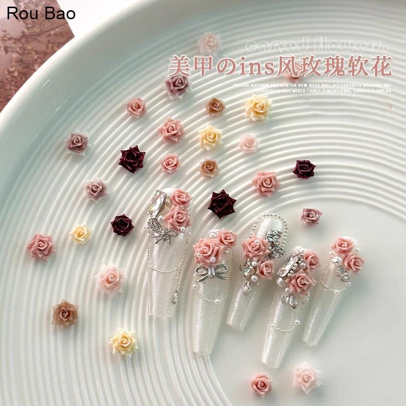 Rou Bao 50 ชิ้นเล็บนุ่มแกะสลัก Rose Camellia ดอกไม้ผสมความงาม Girly เรซิ่น DIY เล็บ Art Charms ตกแต่ง
