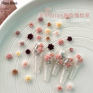 Rou Bao 50 ชิ้นเล็บนุ่มแกะสลัก Rose Camellia ดอกไม้ผสมความงาม Girly เรซิ่น DIY เล็บ Art Charms ตกแต่ง