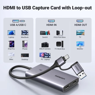 UGREEN 2 IN 1 HDMI to USB Video & Audio Capture Card 4K 30Hz Loop-out 2K 30Hz Capture Video Recording Live Streaming สําหรับ Windows mac OS OBS