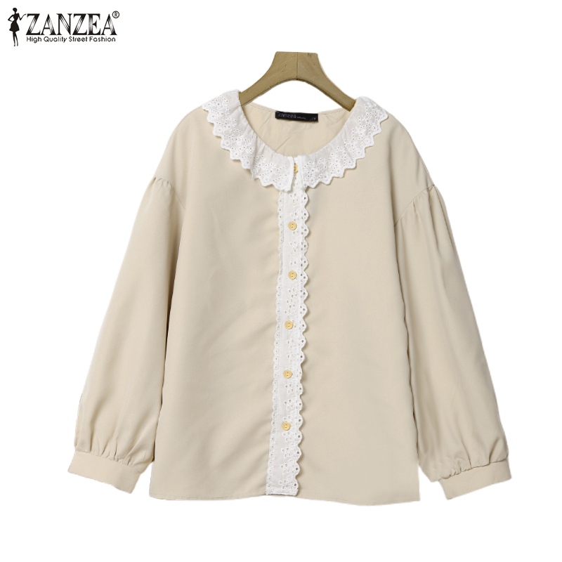 Zanzea เสื้อเบลาส์คอกลมแขนยาวลําลองเกาหลีสําหรับผู้หญิง
