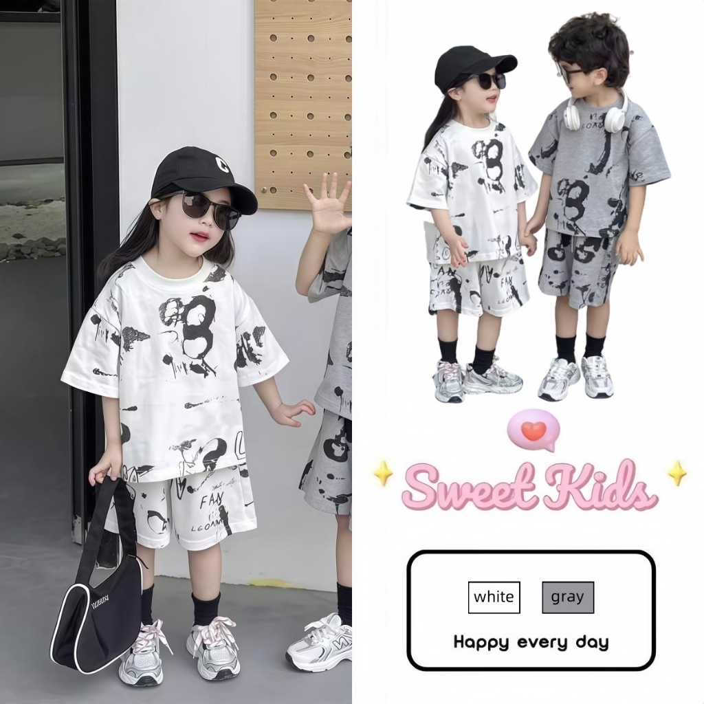 SweetKids พร้อมส่งจากกทม🌸ชุดเด็กแฟชั่น🍓ชุดพี่ชายและน้องสาว สไตล์กราฟฟิตี พอดีตัวสบาย เหมาะสําหรับฤดูร้อน