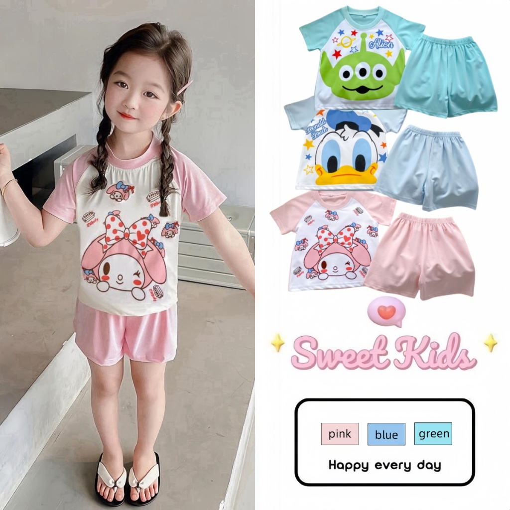 SweetKids พร้อมส่งจากกทม ชุดเด็กลำลอง เสื้อผ้าคอกลมลายการ์ตูนกางเกงขาสั้น สีหวานน่ารัก 2ชิ้น ฤดูร้อน