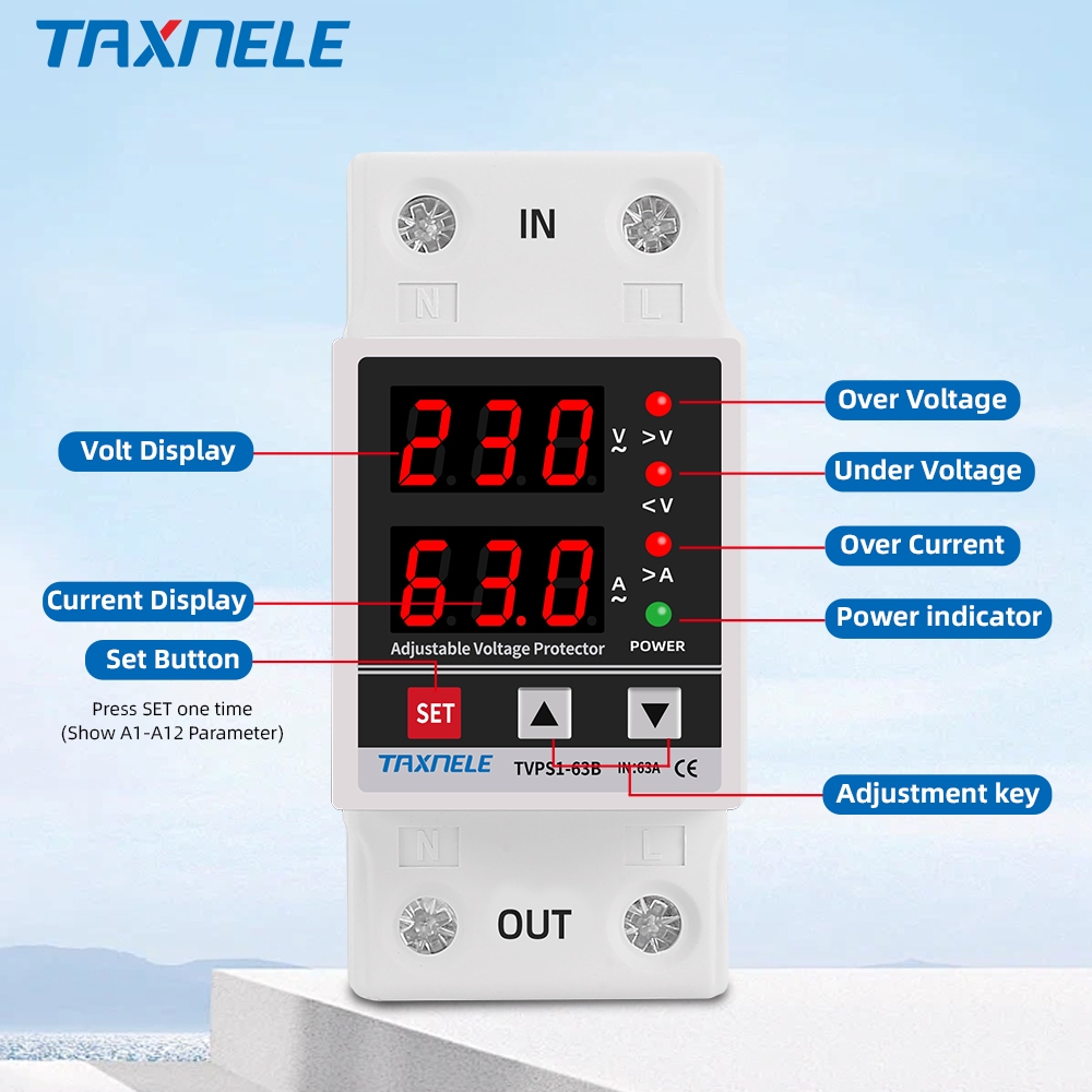 Din Rail Dual Display ปรับเกินแรงดันไฟฟ้าปัจจุบันภายใต้แรงดันไฟฟ้า Protector รีเลย์ 40A 63A 80A 220V