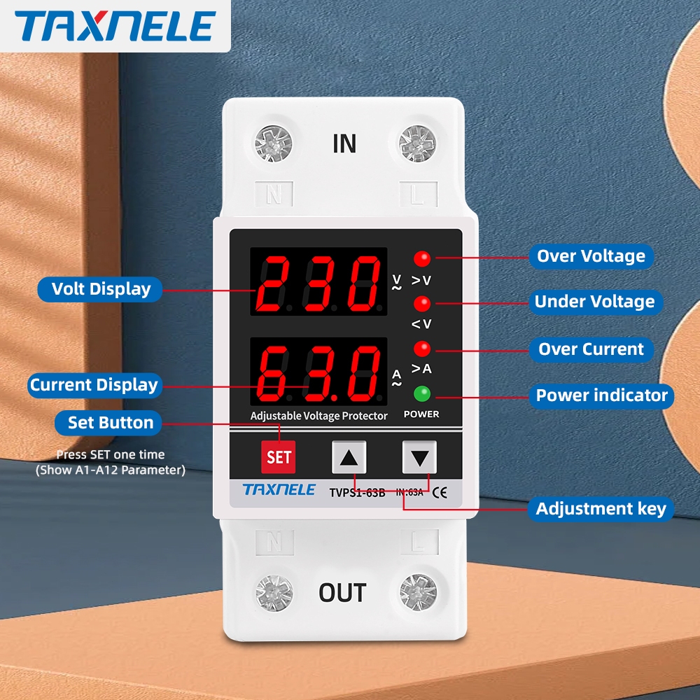 Taxnele 63A 230V Din Rail ปรับดิจิตอล Over Under Voltage protector Over Current Protection