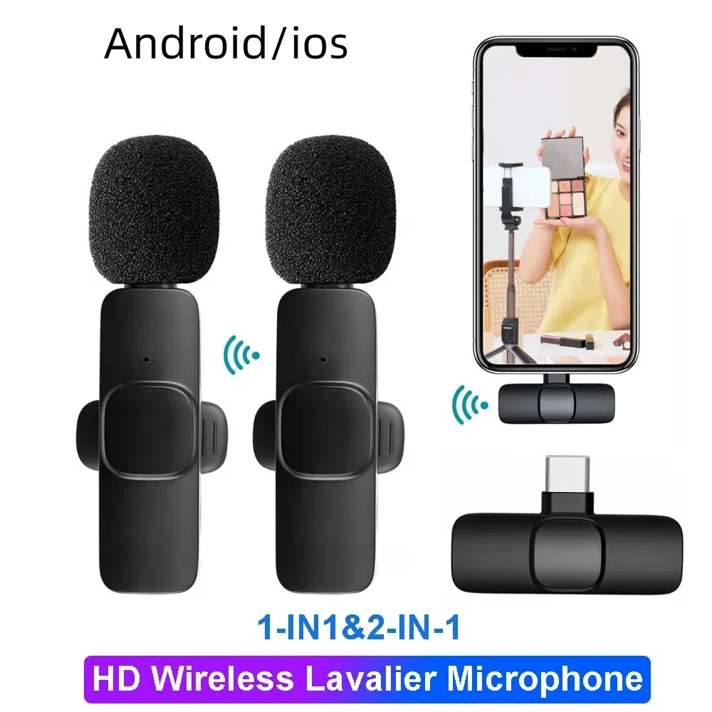 Vlog ไมโครโฟนไร้สาย Wireless Microphone ไมโครโฟนไร้สาย ไมโครโฟนแบบหนีบปกที่ชาร์จไฟได้ ไมโครโฟนไร้สาย ไมโครโฟนตัดเสียงรบกวนอัจฉริยะ