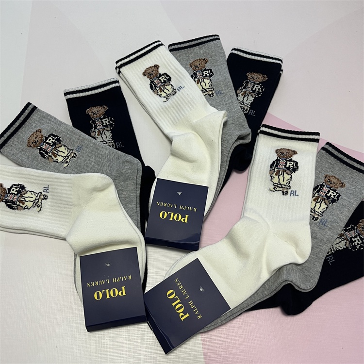 2024 New Unisex RL Polo Bear Crew Small Horse Stripe ถุงเท้าผ้าฝ้ายการ์ตูน