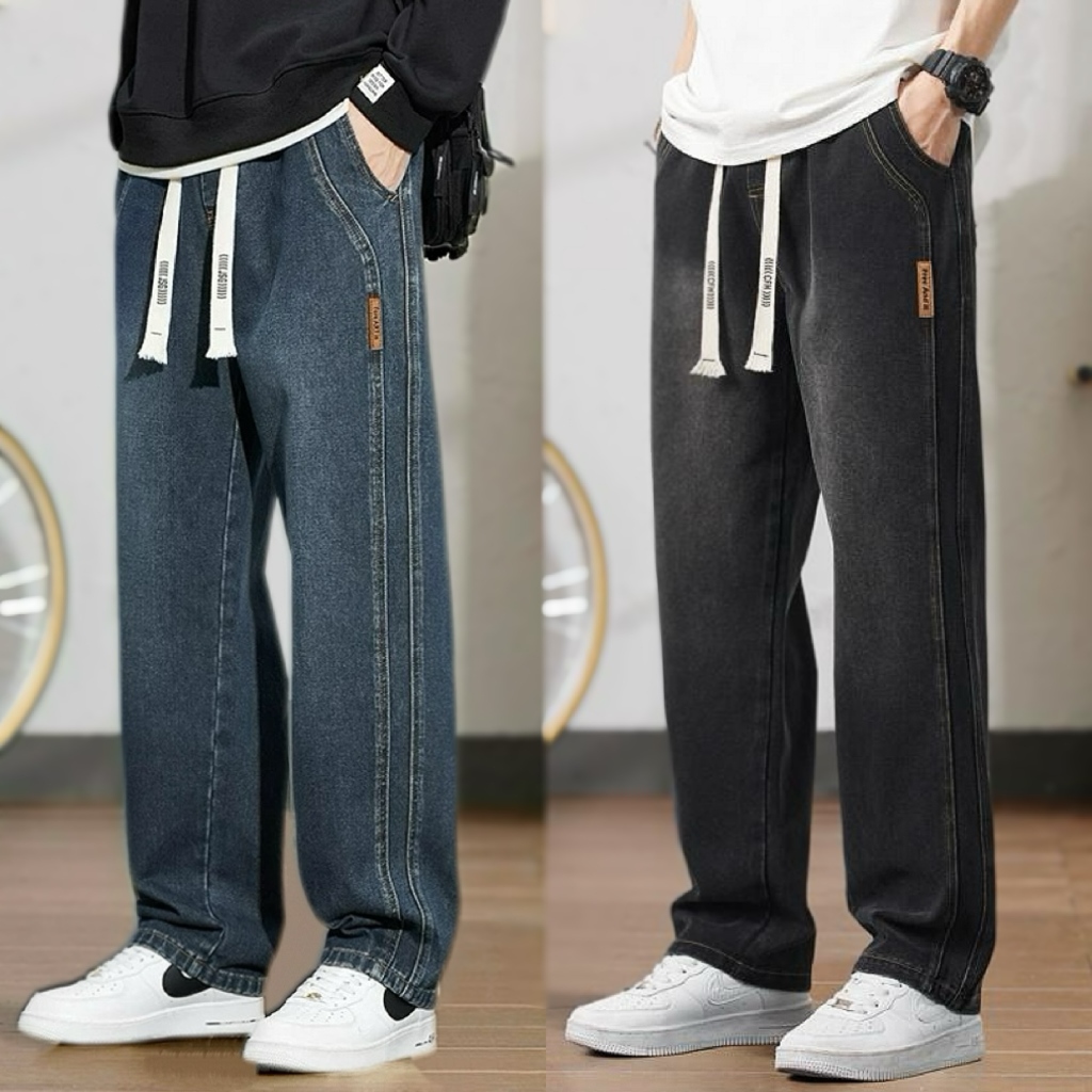 M-3XL กางเกงยีนส์ผู้ชายกระบอก เกาหลี แฟชั่น วินเทจ ทรงหลวม สแลคกางเกงขายาวผู้ชาย