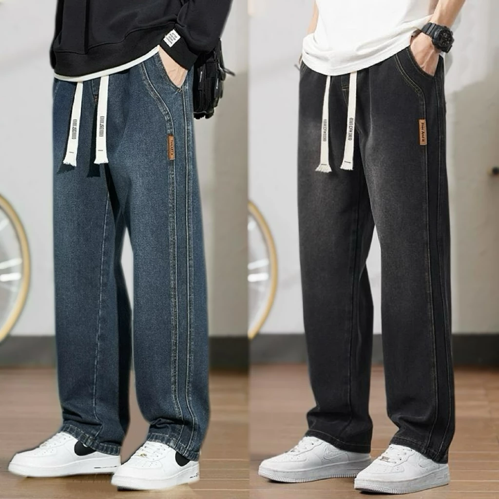 M-3XL กางเกงยีนส์ผู้ชายกระบอก เกาหลี แฟชั่น วินเทจ ทรงหลวม สแลคกางเกงขายาวผู้ชาย