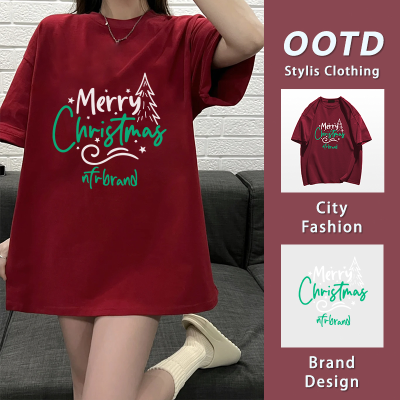 ส่งจากไทย คริสต์มาส คริสต์มาส cotton ใส่สบาย แฟชั่นเกาหลี oversize สาวอ้วน Christmas T-shirt YG1027