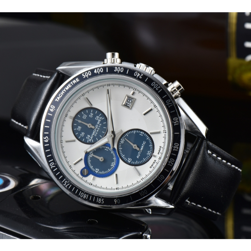 Raymond Weil สินค้าใหม่ Quartz Movement สายหนังแท้แฟชั่น All-Match Date Display นาฬิกาผู้ชายประณีต