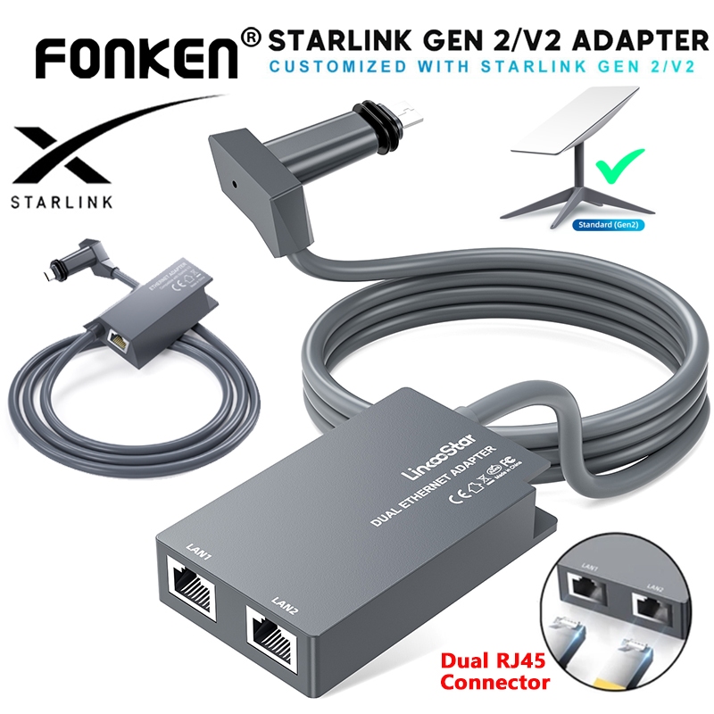 Fonken Starlink V2 อะแดปเตอร์อีเธอร์เน็ต Dual RJ45 จานเราเตอร์สําหรับ Starlink Gen 2 มาตรฐาน Actuated