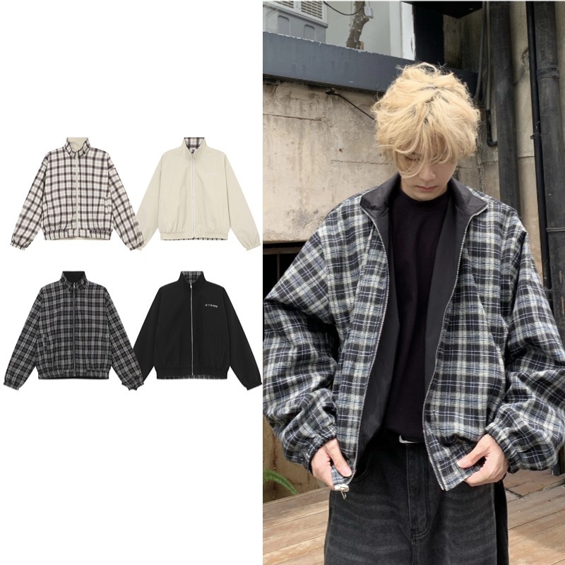 Asrv [สวมใส่สองด้าน] ฤดูใบไม้ร่วงผู้ชายและผู้หญิงสองด้านลายสก๊อตหลวมเสื้อระดับไฮเอนด์อเมริกันย้อนยุคยืนขึ้นปกแจ็คเก็ต