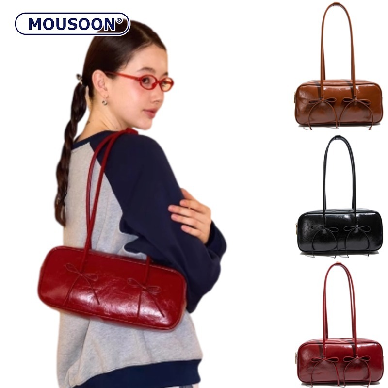 MOUSOON มูซูน สีแดงโบว์บาแกตต์ใต้วงแขนกระเป๋าผู้หญิงใหม่แฟชั่นพร็อพเกรดสูงกระเป๋าสะพายแบบพกพา