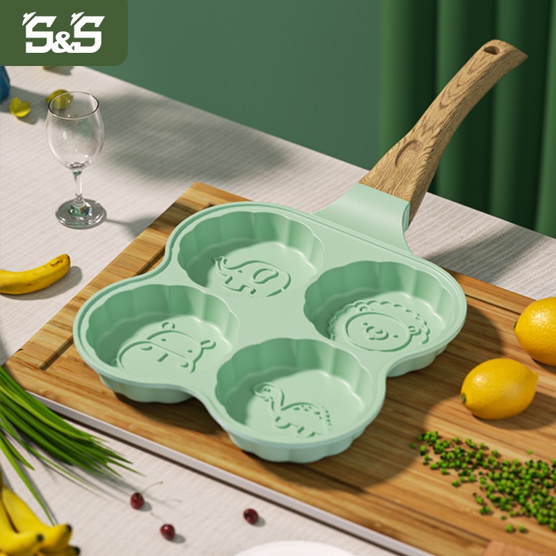 S&S กระทะอาหารเช้า 4 รูลายการ์ตูนสัตว์เหมาะสำหรับเตาแก๊ส และเตาแม่เหล็กไฟฟ้า